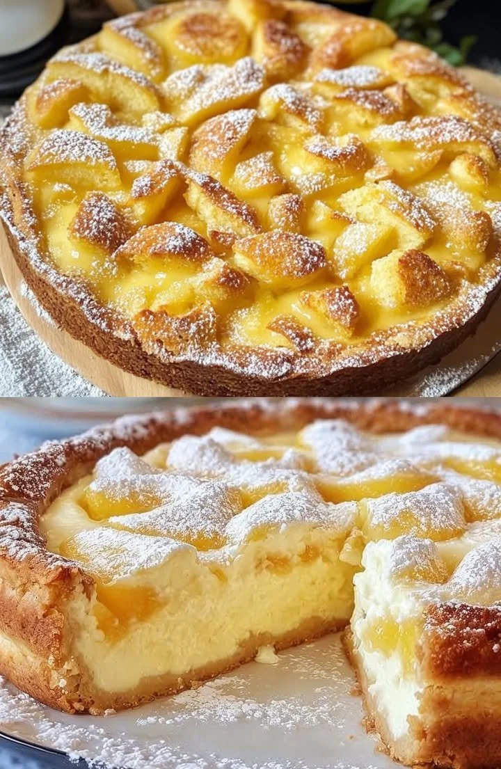 Leckere Scheiben von Apfelkuchen mit Vanillepudding auf einem Teller
