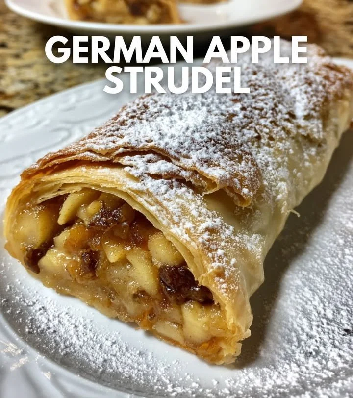 Leckeres Stück Apfelstrudel auf einem Teller mit Zimt und Puderzucker