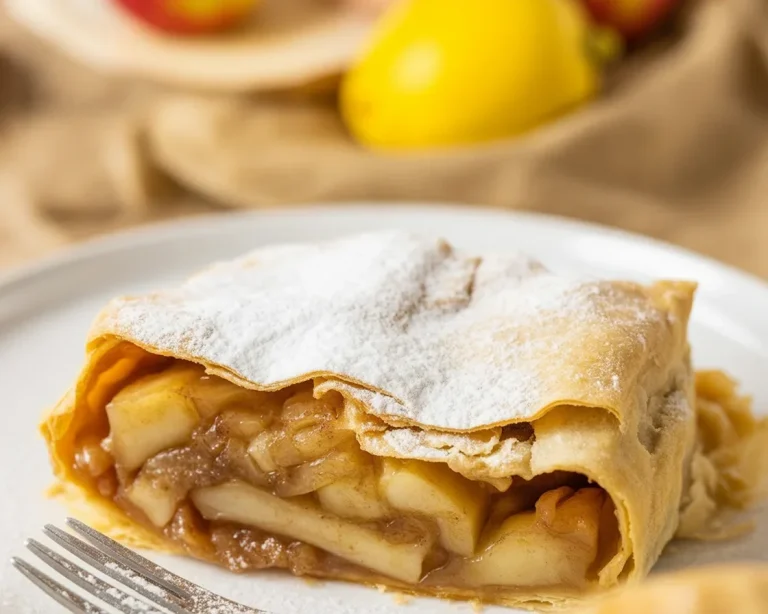 Origineel Oostenrijks Apfelstrudel met dunne strudelteig en appelvulling.