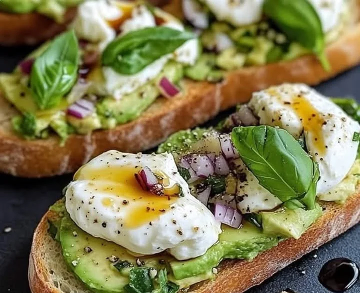 Avocado Burrata Bruschetta mit frischen Kräutern und Tomaten