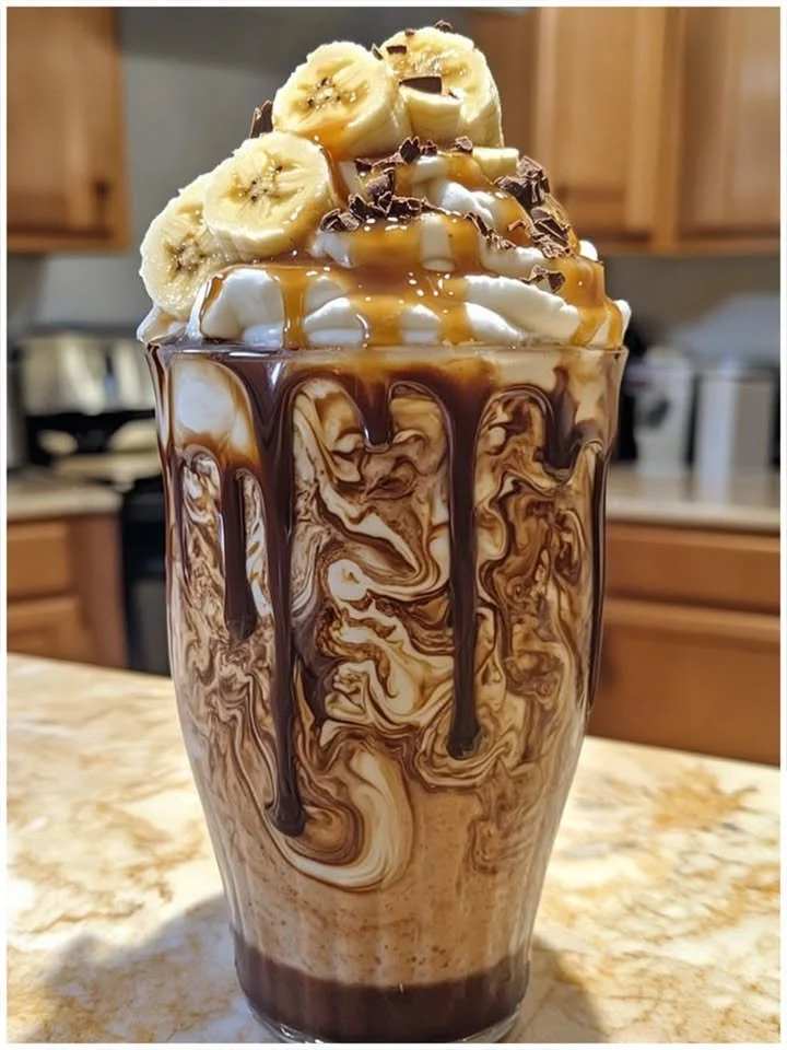 Leckerer Bananen-Schoko-Karamell-Milchshake in einem Glas