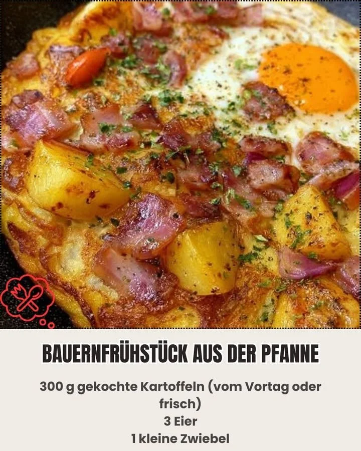 Leckeres Bauernfrühstück aus der Pfanne mit Eiern, Speck und Gemüse