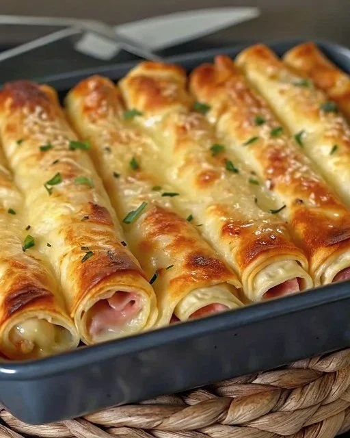 Blätterteig-Stangen mit Schinken und Käse frisch gebacken auf einem Teller.