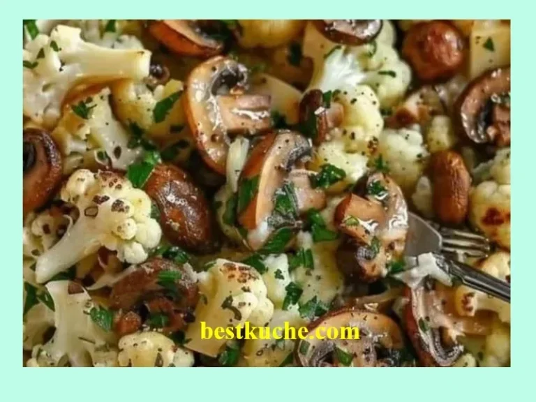Leckere Blumenkohl-Champignons-Pfanne mit Knoblauch auf einem Teller