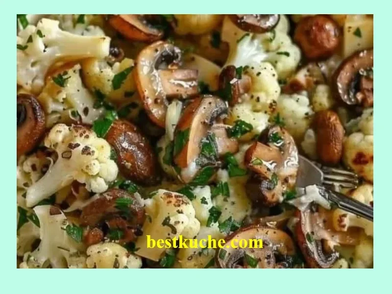 Leckere Blumenkohl-Champignons-Pfanne mit Knoblauch auf einem Teller