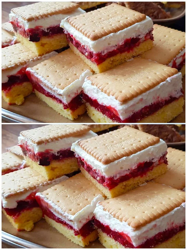 Butterkeks Himbeer Kuchen mit frischen Himbeeren und Keksen