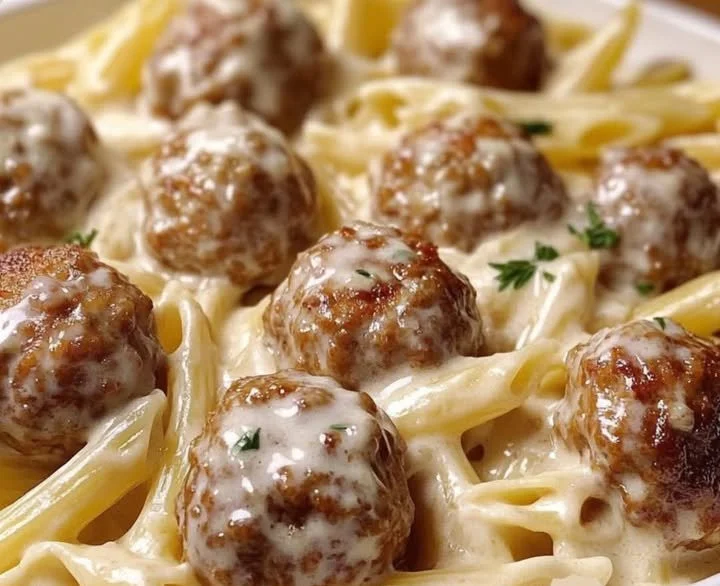 Cremige Fleischbällchen serviert mit Nudeln in einer leckeren Sauce