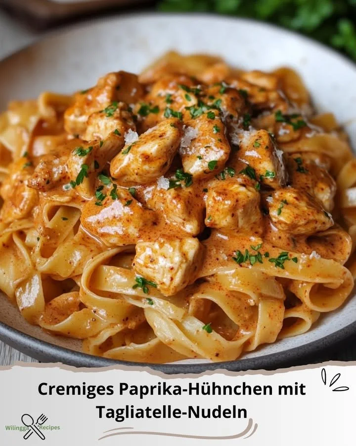 Cremiges Paprika-Hühnchen mit Tagliatelle-Nudeln auf einem Teller serviert.