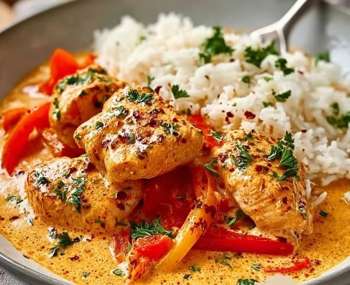 Cremiges Paprika-Hühnchen mit Reis in einer samtigen Sauce