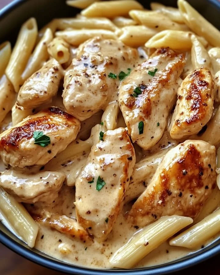 Cremiges Parmesan-Hühnchen mit Penne auf einem Teller serviert