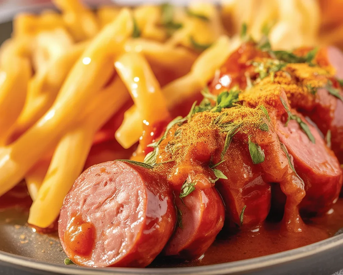 Zelfgemaakte currywurst met currywurst-soße op een bord.