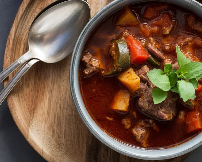 Deftige Gulaschsuppe mit Rindfleisch, Paprika und Kartoffeln, serviert in einer Schüssel.