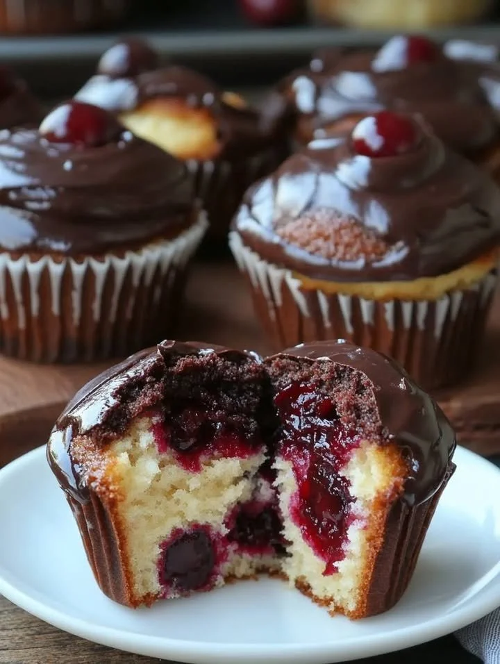 Leckere Donauwellen Muffins mit Schokolade und Kirschen auf einem Tisch.
