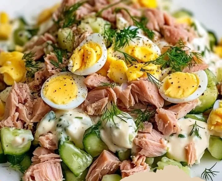 Eier-Gurken-Thunfischsalat auf einem bunten Teller serviert