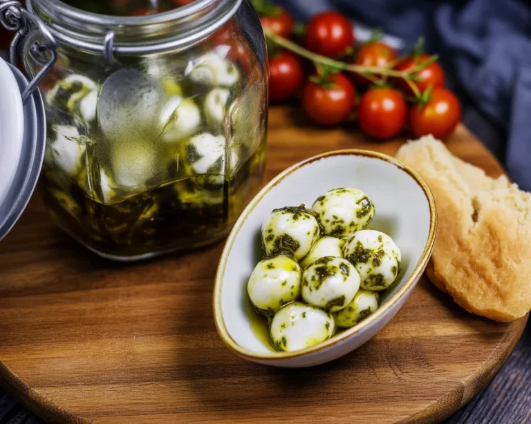 Eingelegte Mini-Mozzarella mit Kräutern in einem Glas, ideal für Antipasti und Grillbeilagen.