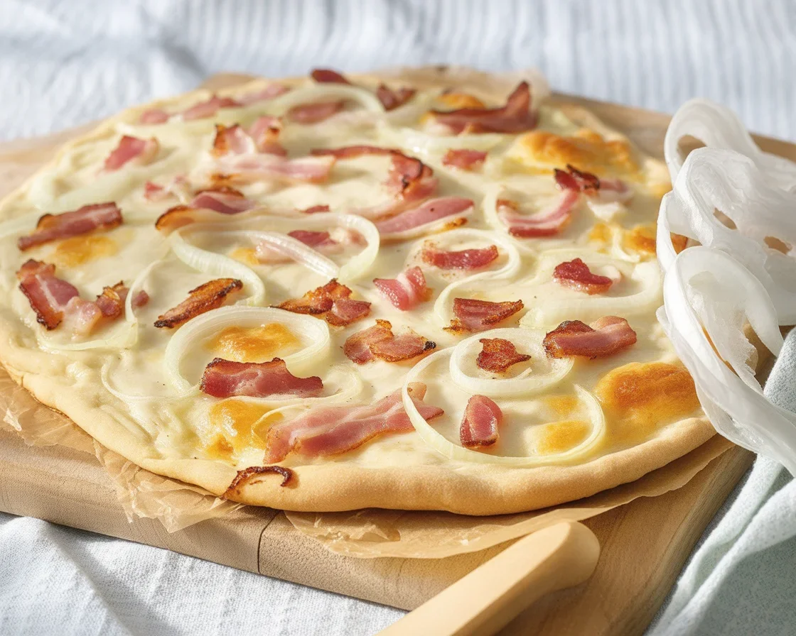Klassieke flammkuchen serveren met speck en zwiebeln, een traditioneel Elsässer recept.