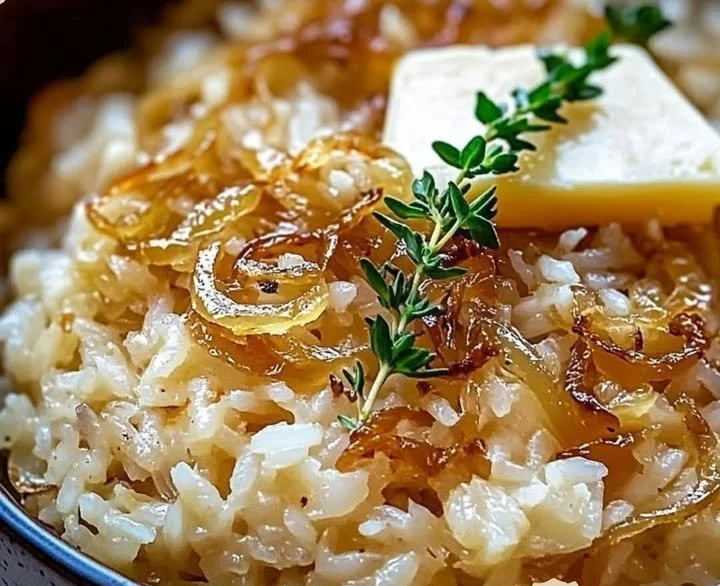 Französischer Zwiebelbutterreis mit frischen Zwiebeln und Kräutern