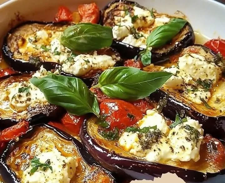 Gebackene Auberginen mit Feta und Kirschtomaten auf einem Teller