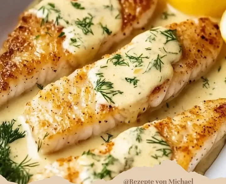 Gebackener Fisch mit Zitronen-Cremesauce auf einem Teller