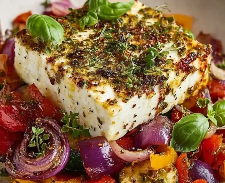 Gericht mit gebratenem Feta im griechischen Stil auf einem bunten Gemüsebett