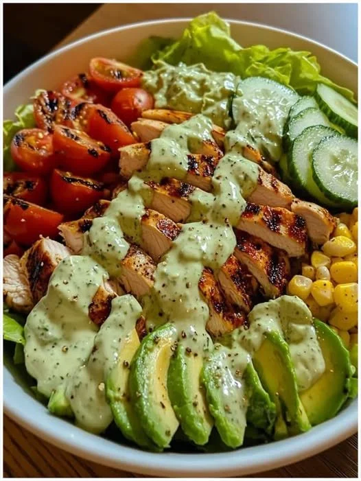 Gegrillte Hähnchen-Bowl mit Avocado-Dressing und frischen Zutaten