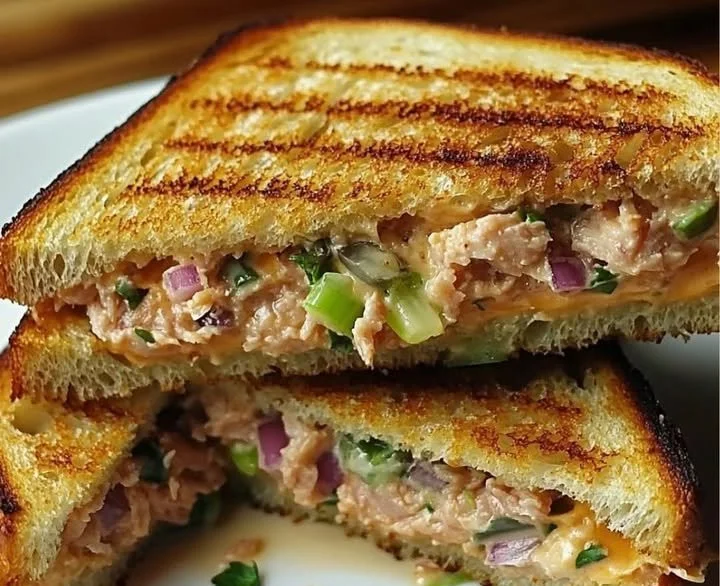 Gegrillter Thunfisch-Käse-Sandwich mit frischen Zutaten auf einem Holzbrett