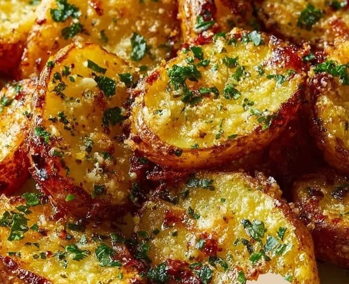 Geröstete Knoblauch-Butter-Parmesan-Kartoffeln frisch aus dem Ofen
