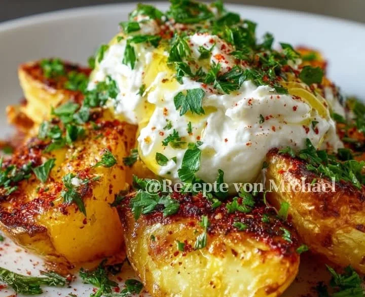 Griechische Ofenkartoffeln mit geschlagenem Feta auf einem Teller