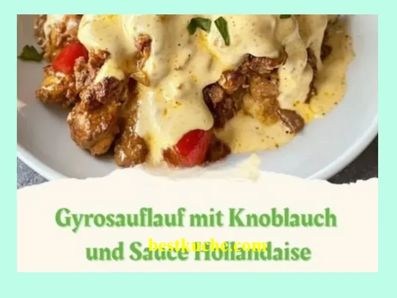 Köstlicher Gyrosauflauf mit Knoblauch auf einem schönen Teller serviert.