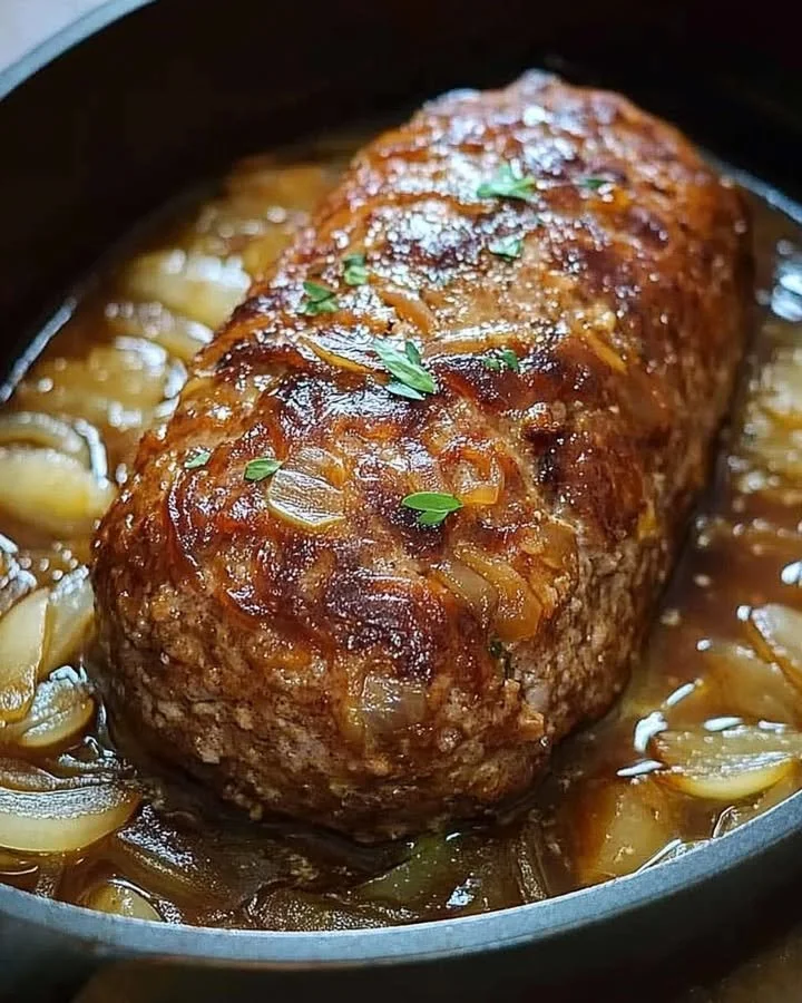 Saftiger Hackbraten auf einem Holzbrett angerichtet