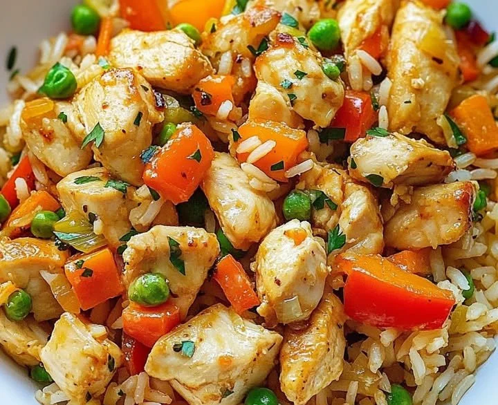 Hähnchen mit Reis und Gemüse aus der Pfanne auf einem Teller serviert.