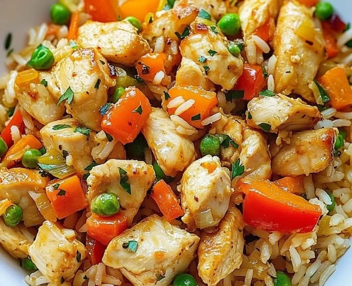 Leckeres Hähnchen mit Reis und Gemüse aus der Pfanne