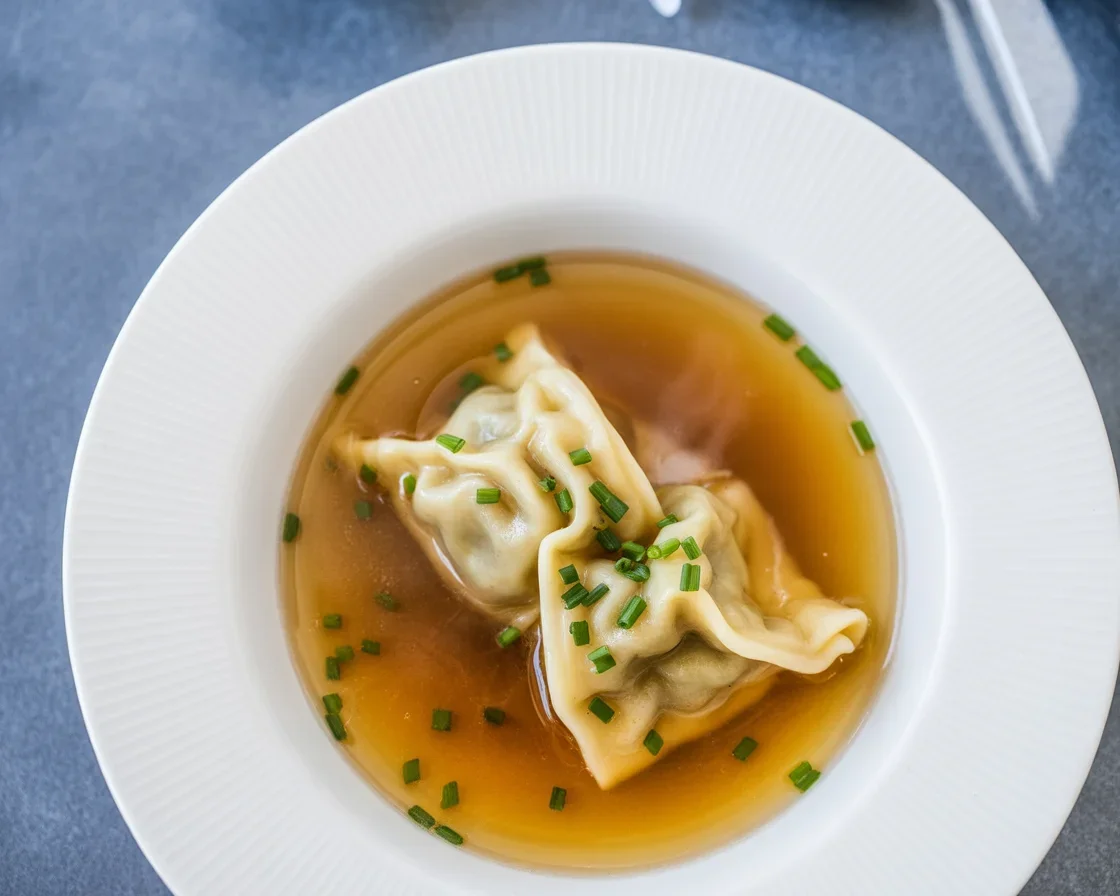 Originele Schwäbische Maultaschen geserveerd in vleesbouillon met aardappelsalade.