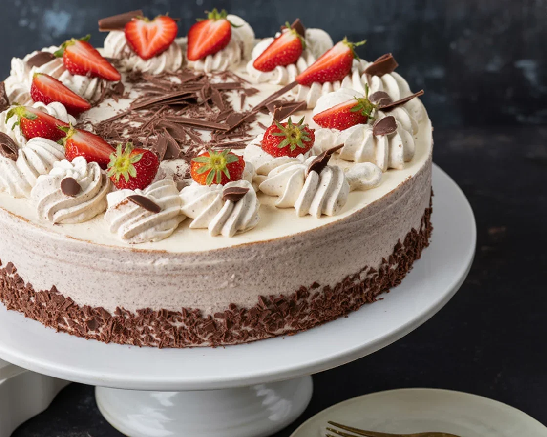 Erdbeer-Yogurette-Torte met een heerlijke Nussboden en verscheidene aardbeien.