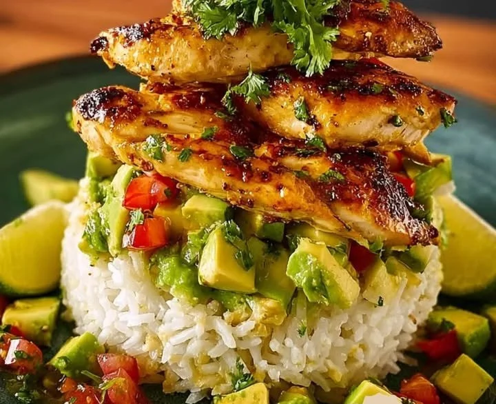Honig-Limetten-Hühnchen serviert mit Avocado-Reis-Stack auf einem Teller