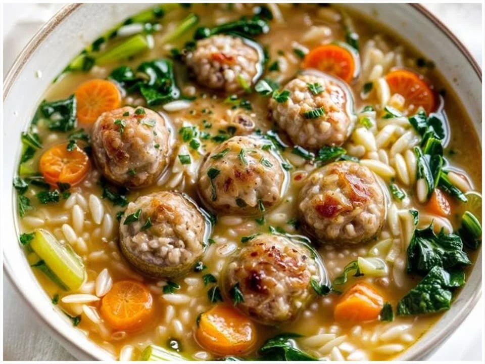 Italienische Hochzeitssuppe mit frischen Zutaten in einer eleganten Schüssel serviert.