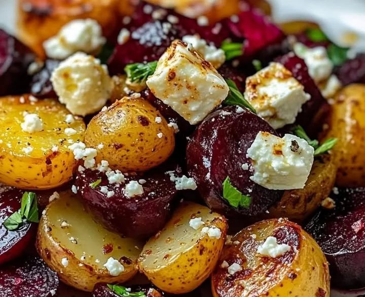 Kartoffeln mit Rote Bete und Feta auf einem Teller angerichtet