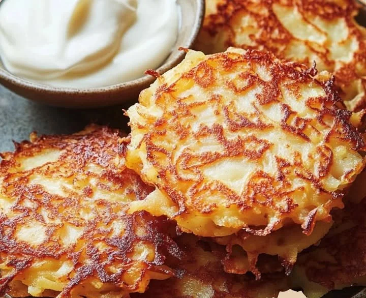 Leckere frisch gebratene Kartoffelpuffer auf einem Teller mit Dips