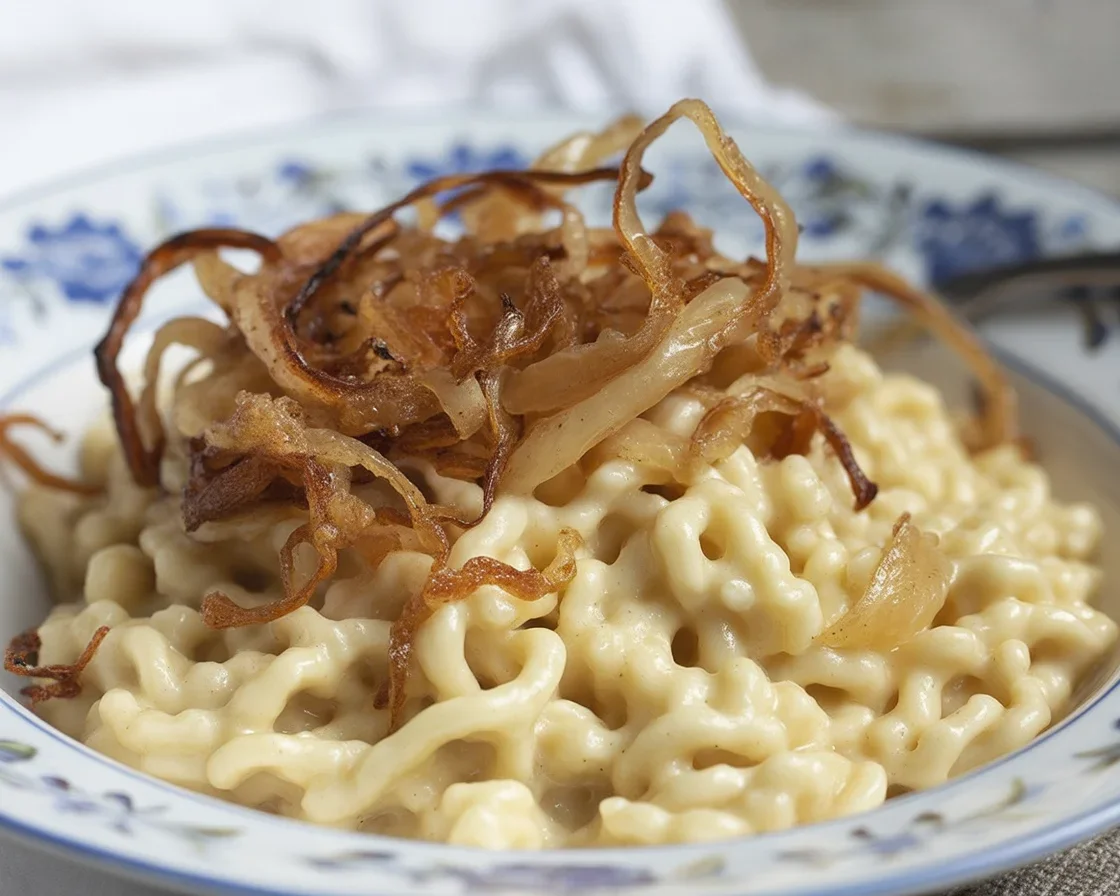 Authentieke Käsespätzle met Bergkäse en karamelliseerde uien, typisch Schwäbisch gerecht.