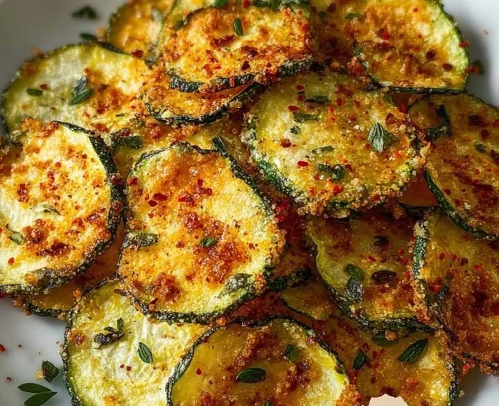 Knoblauch-Zucchini-Chips auf einem Holztablett serviert.