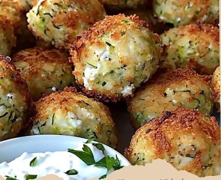 Knusprige Zucchini-Feta-Bällchen frisch aus dem Ofen auf einem Teller serviert.