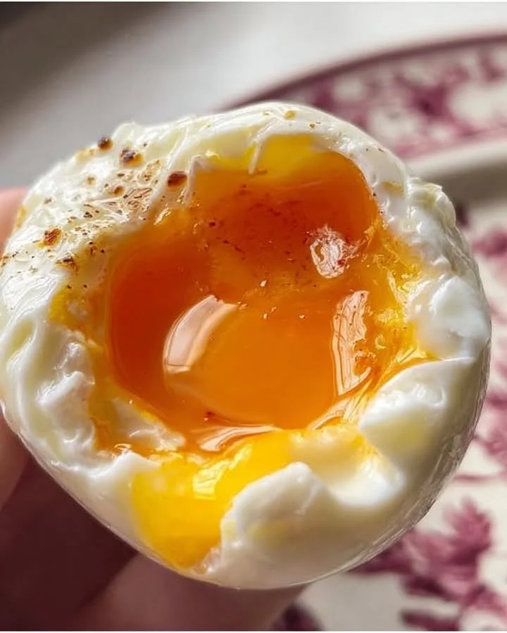 Perfekt zubereitetes Frühstücksei auf einem Teller mit frischen Kräutern