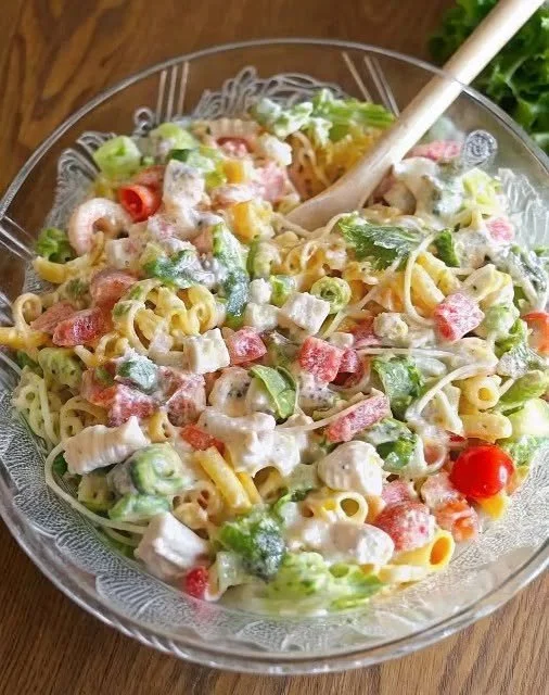 Nudelsalat mit Joghurt in einer Schüssel, gesund und lecker