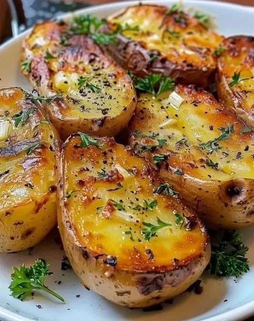 Ofenkartoffeln mit Knoblauch und Butter frisch aus dem Ofen.