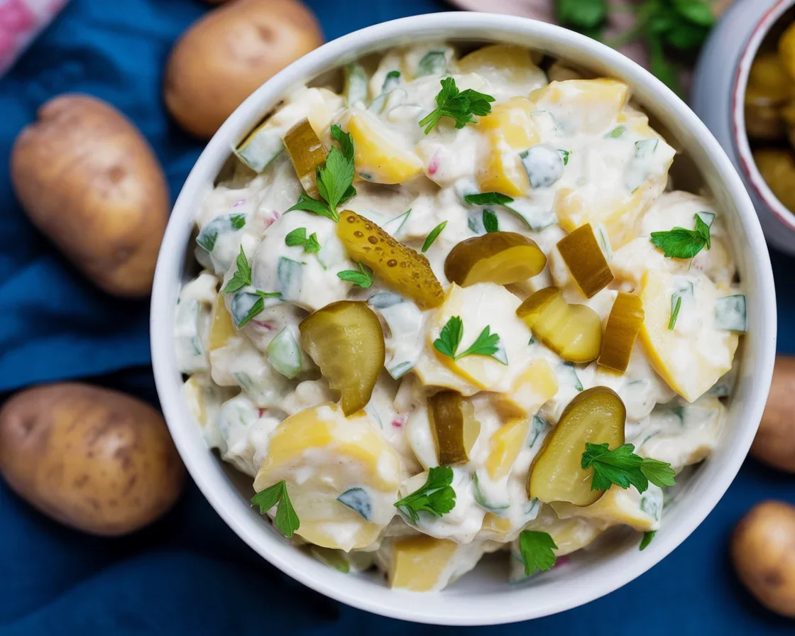 Heerlijke kartoffelsalat met mayo, ei en kruiden in een kom.