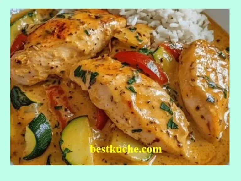 Paprika-Zucchini-Sahne-Hähnchen Gericht mit frischen Zutaten.