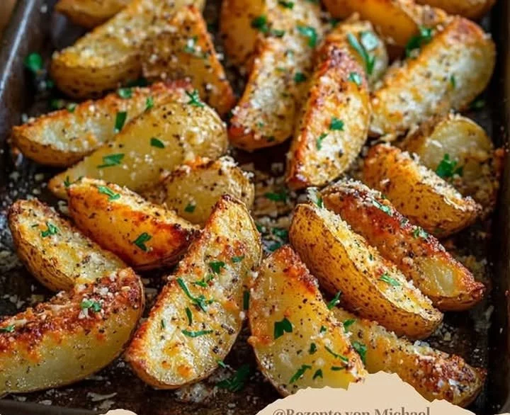 Ofenfrische Parmesan-Kartoffeln garniert mit schmelzendem Käse