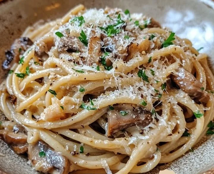 Leckere Pilzspaghetti aus der Pfanne mit frischen Zutaten und Kräutern
