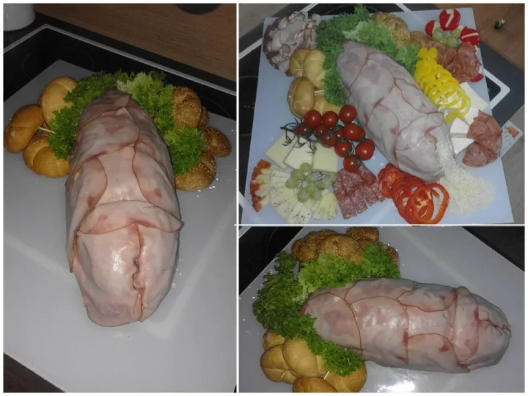 Leckeres Polterjause Sandwich mit Wurst und Käse auf einem Holzbrett präsentiert