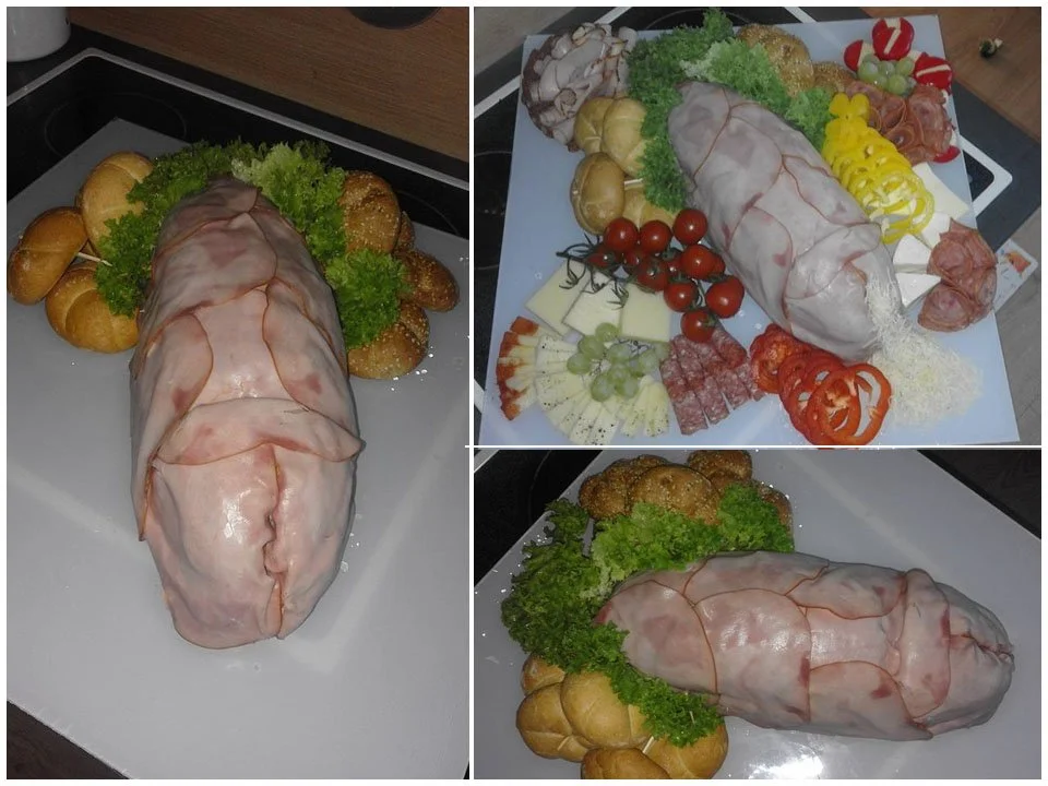 Leckeres Polterjause Sandwich mit Wurst und Käse auf einem Holzbrett präsentiert